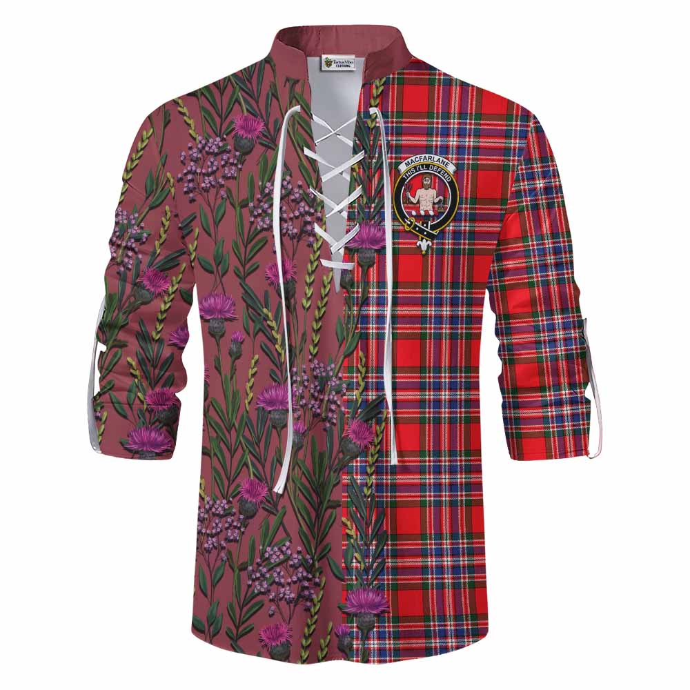 MacFarlane (McFarlane) Family Crest Tartan Ghillie Shirt Scottish Thistle Flower Pattern Half Style - Tartan Vibes Clothing
