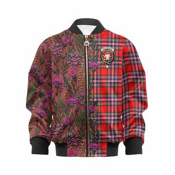 MacFarlane (McFarlane) Family Crest Tartan Kid Bomber Jacket Scottish Thistle Flower Pattern Half Style
