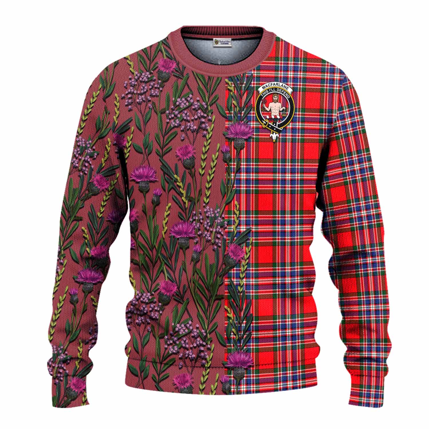 MacFarlane (McFarlane) Family Crest Tartan Knitted Sweater Scottish Thistle Flower Pattern Half Style - Tartan Vibes Clothing