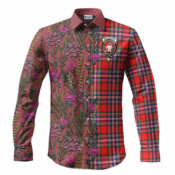 MacFarlane (McFarlane) Family Crest Tartan Long Sleeve Button Shirts Scottish Thistle Flower Pattern Half Style