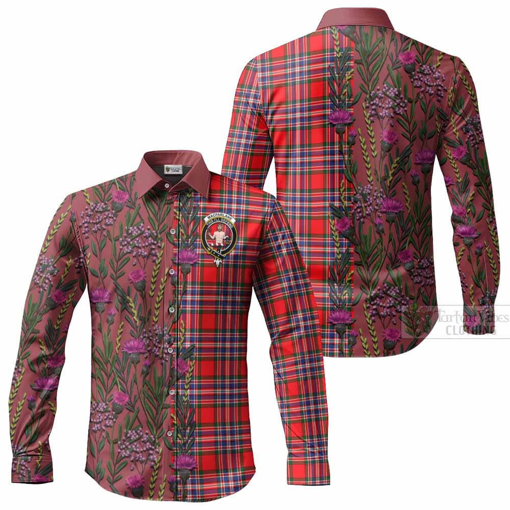 MacFarlane (McFarlane) Family Crest Tartan Long Sleeve Button Shirts Scottish Thistle Flower Pattern Half Style - Tartan Vibes Clothing