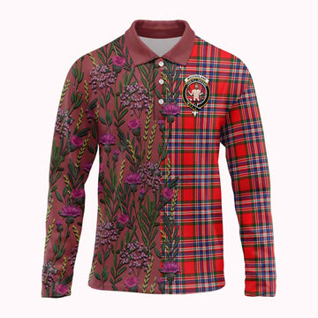 MacFarlane (McFarlane) Family Crest Tartan Long Sleeve Polo Shirt Scottish Thistle Flower Pattern Half Style