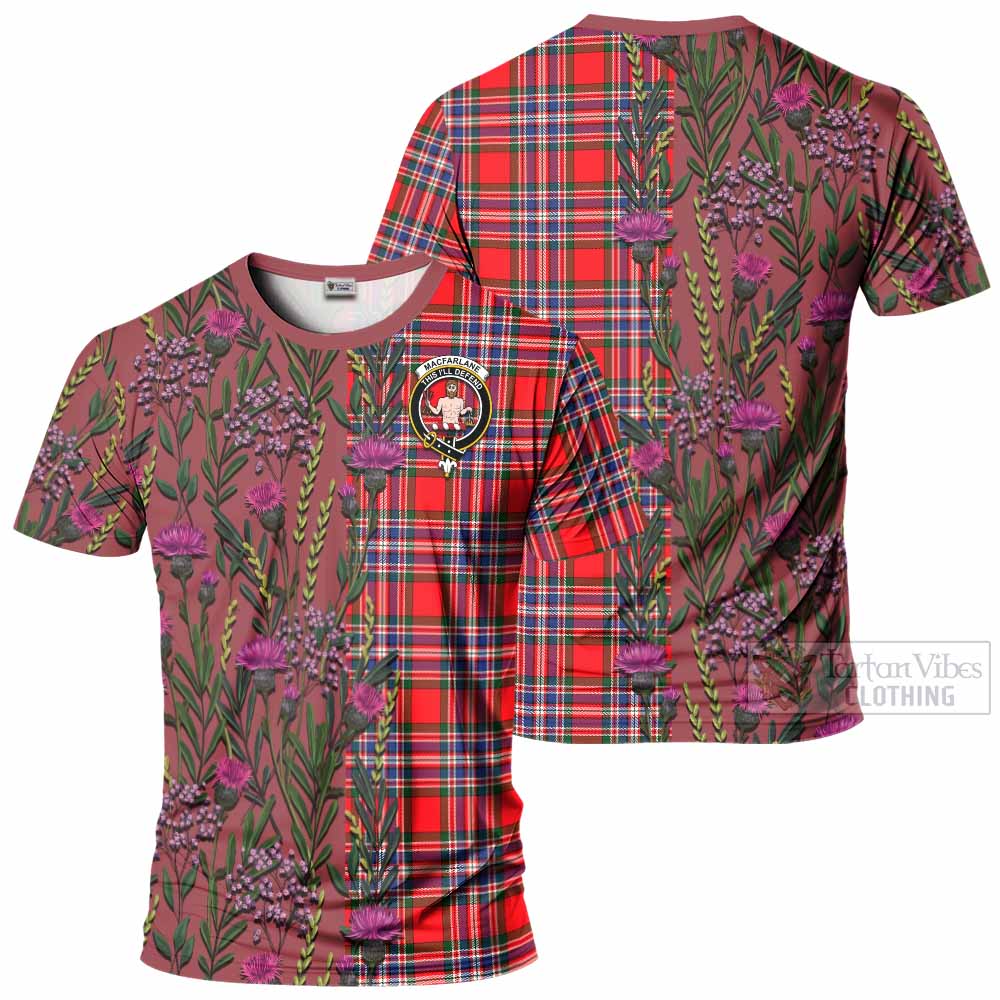 MacFarlane (McFarlane) Family Crest Tartan T-Shirt Scottish Thistle Flower Pattern Half Style - Tartan Vibes Clothing