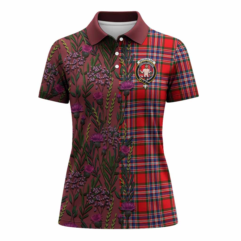 MacFarlane (McFarlane) Family Crest Tartan Women Polo Shirt Scottish Thistle Flower Pattern Half Style - Tartan Vibes Clothing