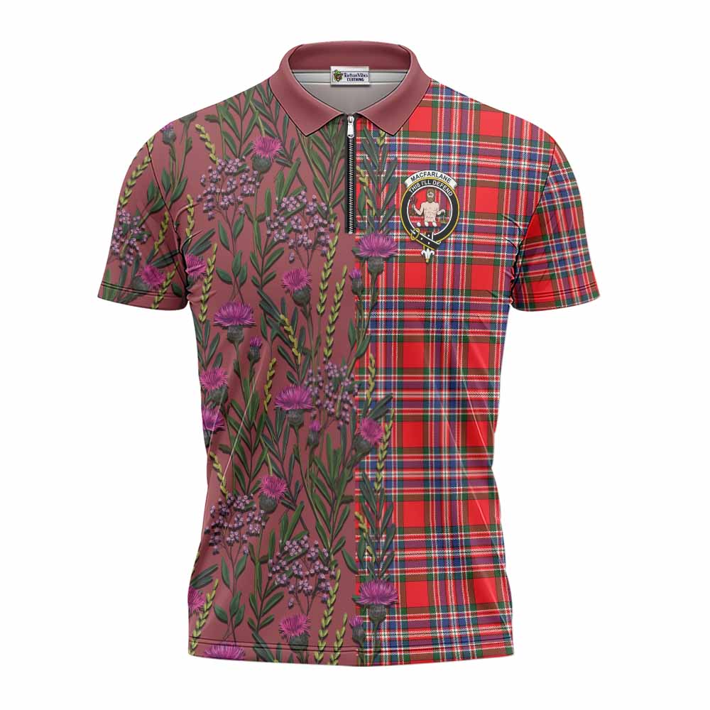 MacFarlane (McFarlane) Family Crest Tartan Zipper Polo Shirt Scottish Thistle Flower Pattern Half Style - Tartan Vibes Clothing