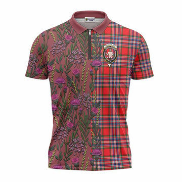 MacFarlane (McFarlane) Family Crest Tartan Zipper Polo Shirt Scottish Thistle Flower Pattern Half Style