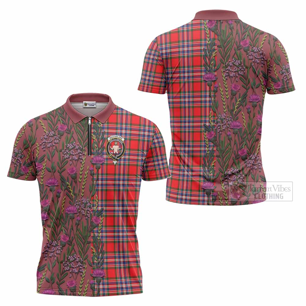 MacFarlane (McFarlane) Family Crest Tartan Zipper Polo Shirt Scottish Thistle Flower Pattern Half Style - Tartan Vibes Clothing