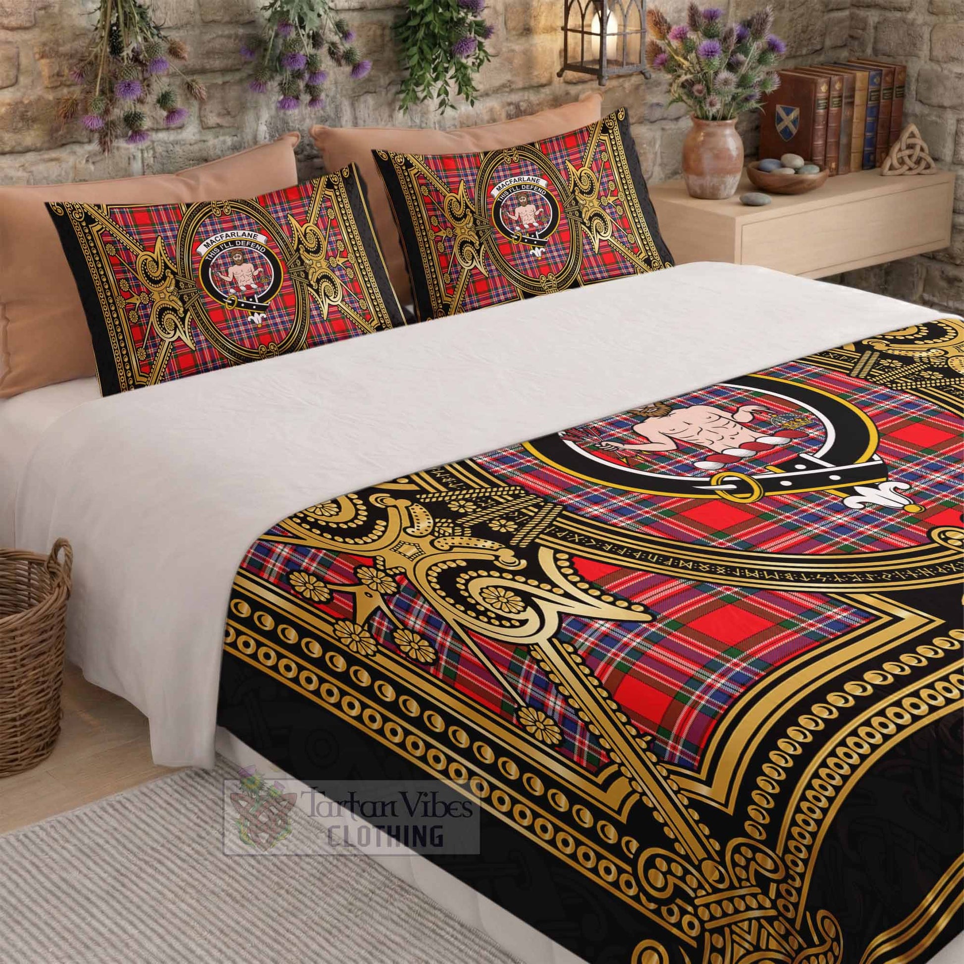 MacFarlane (McFarlane) Scottish Tartan Crest Bedding Set Royal Stylized