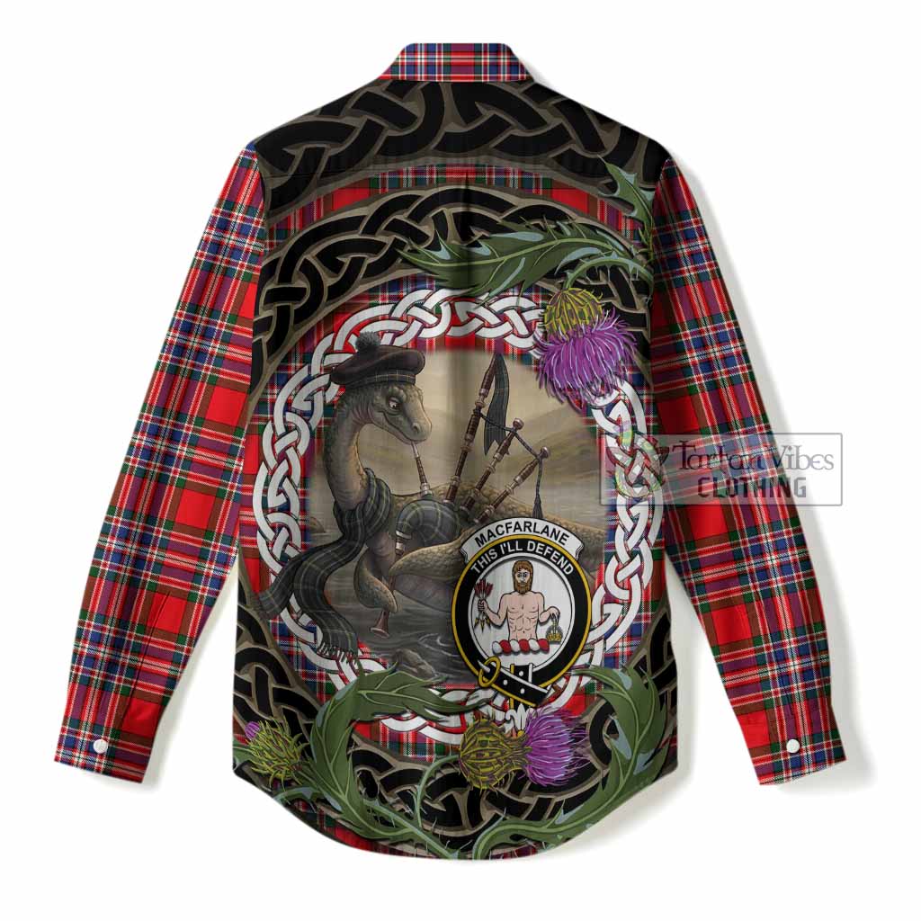 MacFarlane (McFarlane) Tartan Crest Bagpipe Nessie Women Casual Shirt Scottish Loch Ness Monster Celtic Thistle