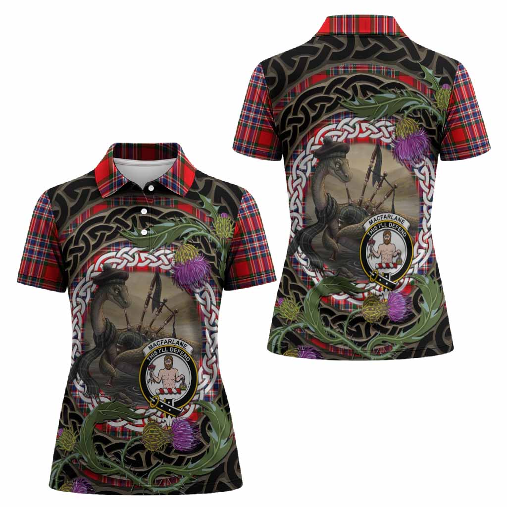 MacFarlane (McFarlane) Tartan Crest Bagpipe Nessie Women Polo Shirt Scottish Loch Ness Monster Celtic Thistle