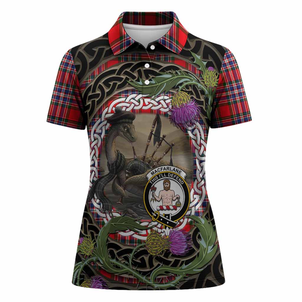 MacFarlane (McFarlane) Tartan Crest Bagpipe Nessie Women Polo Shirt Scottish Loch Ness Monster Celtic Thistle