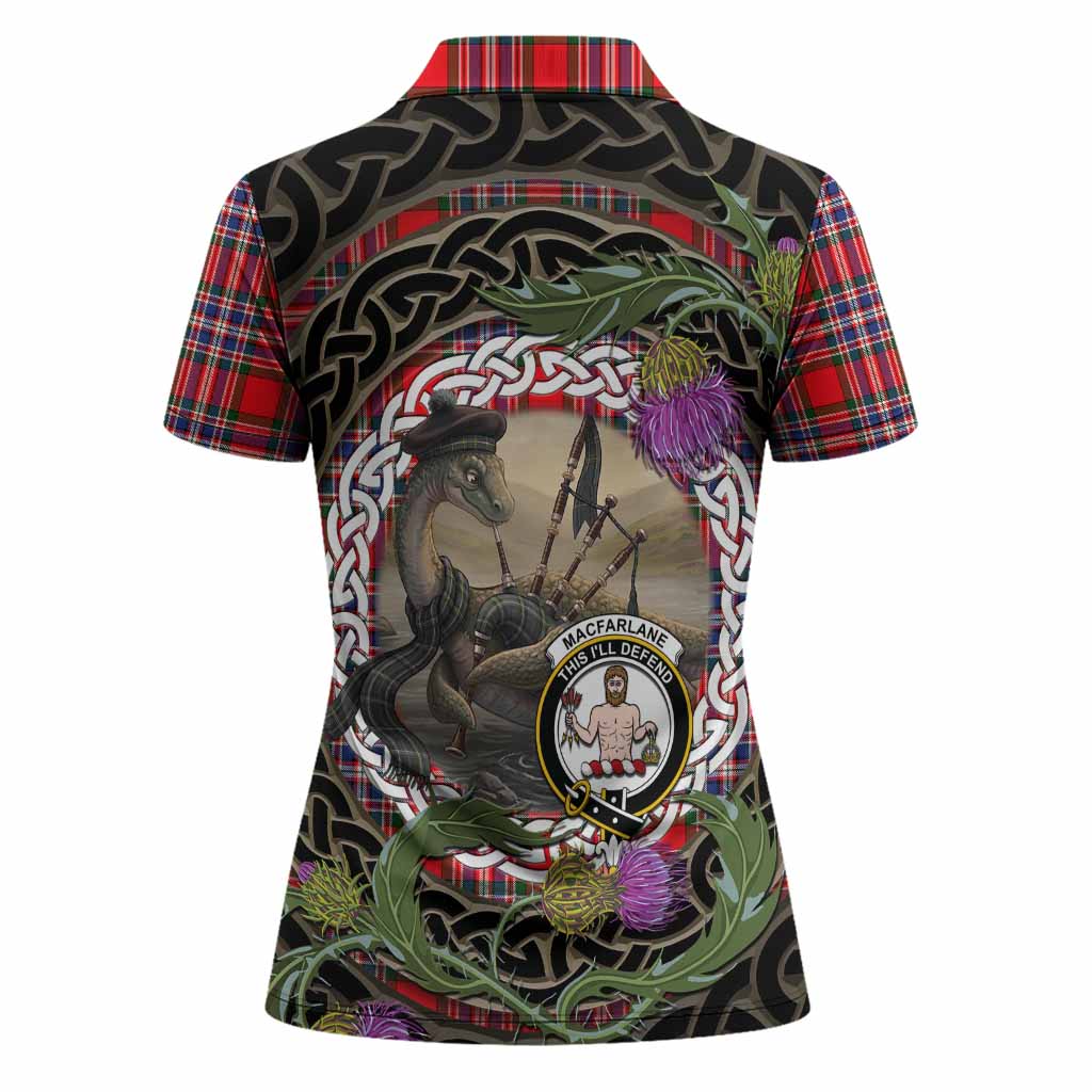 MacFarlane (McFarlane) Tartan Crest Bagpipe Nessie Women Polo Shirt Scottish Loch Ness Monster Celtic Thistle