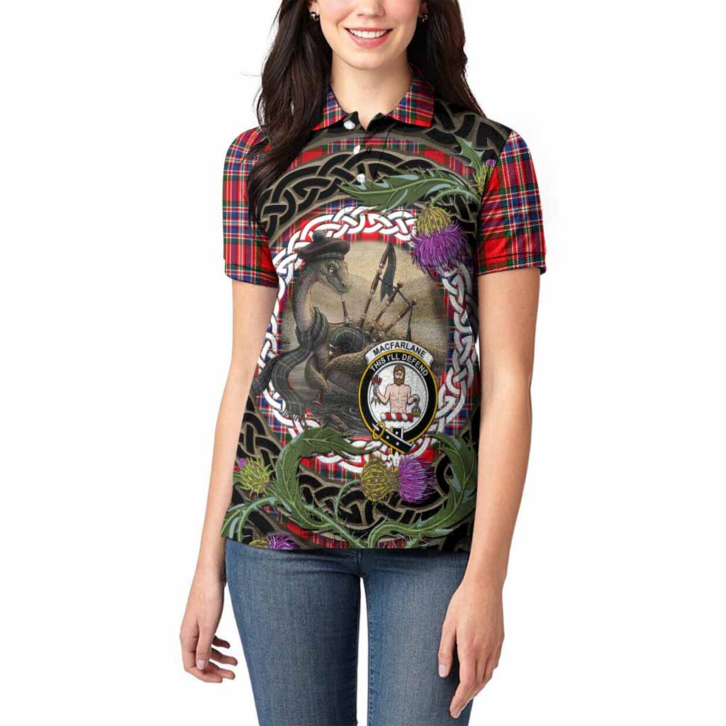 MacFarlane (McFarlane) Tartan Crest Bagpipe Nessie Women Polo Shirt Scottish Loch Ness Monster Celtic Thistle