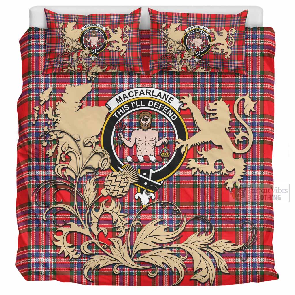 MacFarlane (McFarlane) Tartan Crest Bedding Set with Scottish Iconic Symbols 