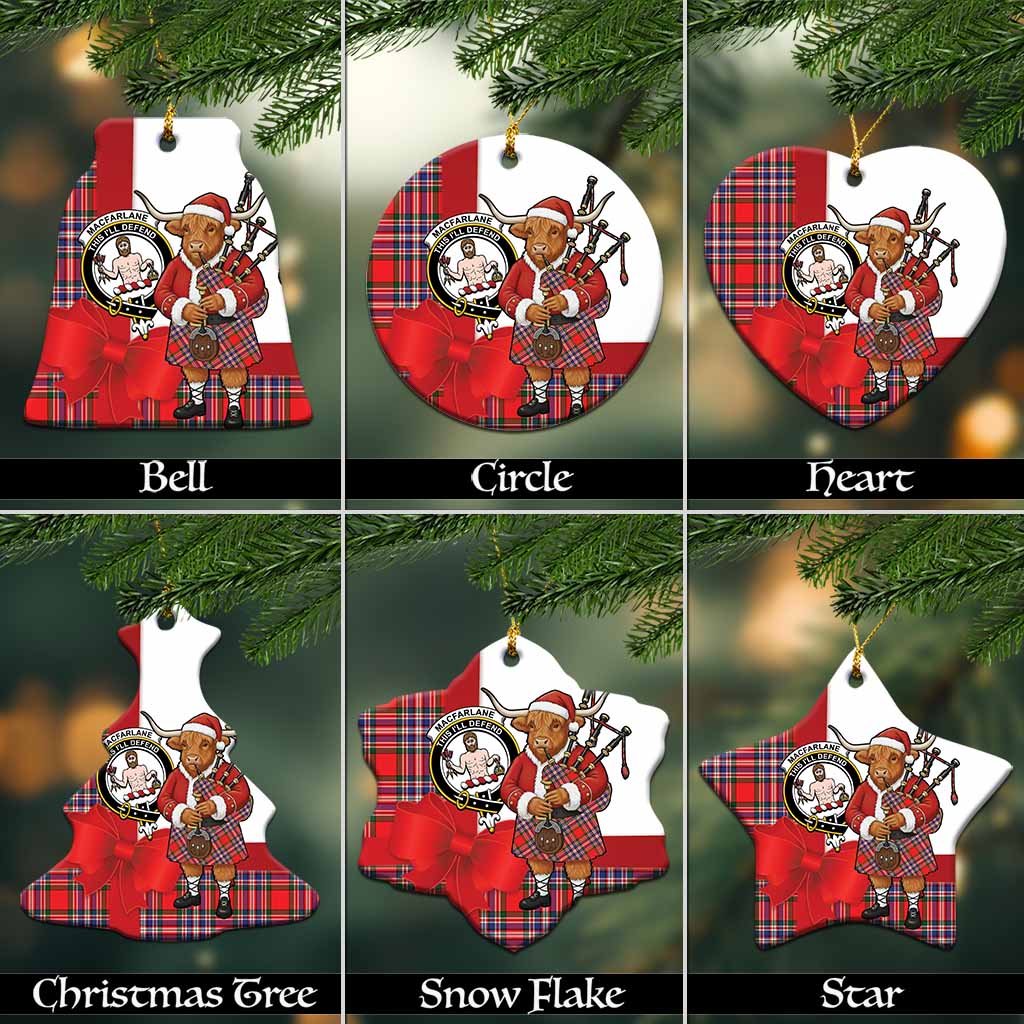 MacFarlane (McFarlane) Tartan Crest Christmas Ceramic Ornament Highland Cow Bagpipes Coquette Bow Style