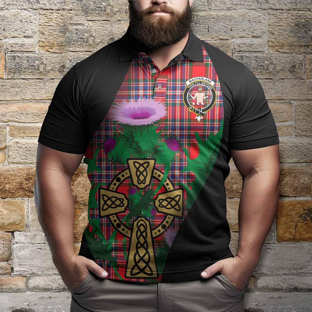 MacFarlane (McFarlane) Tartan Crest Polo Shirt Celtic Cross Thistle Flowers