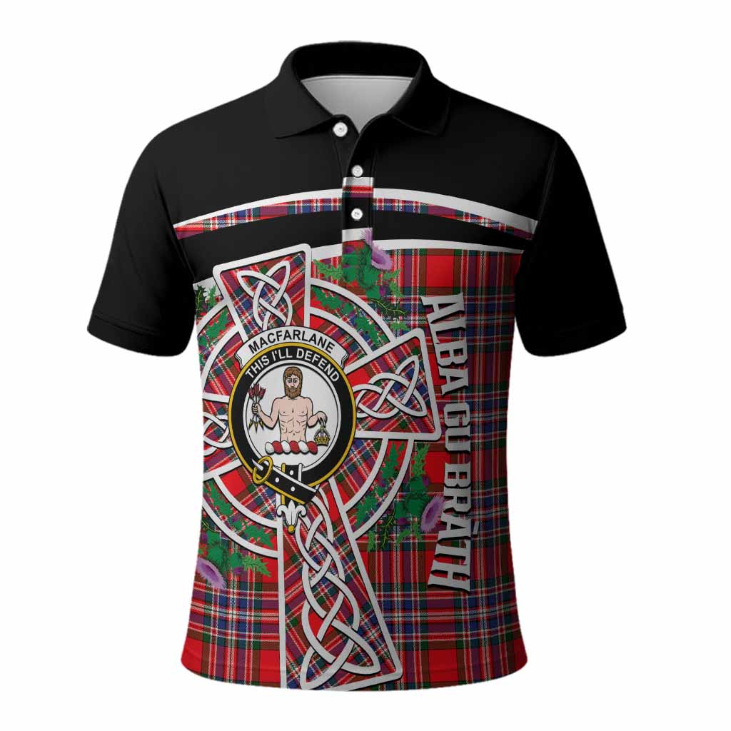MacFarlane (McFarlane) Tartan Crest Polo Shirt Scottish Thistle Celtic Cross Alba Gu Brath