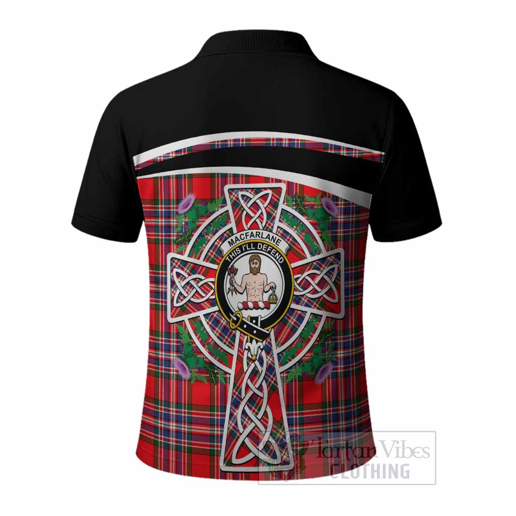 MacFarlane (McFarlane) Tartan Crest Polo Shirt Scottish Thistle Celtic Cross Alba Gu Brath