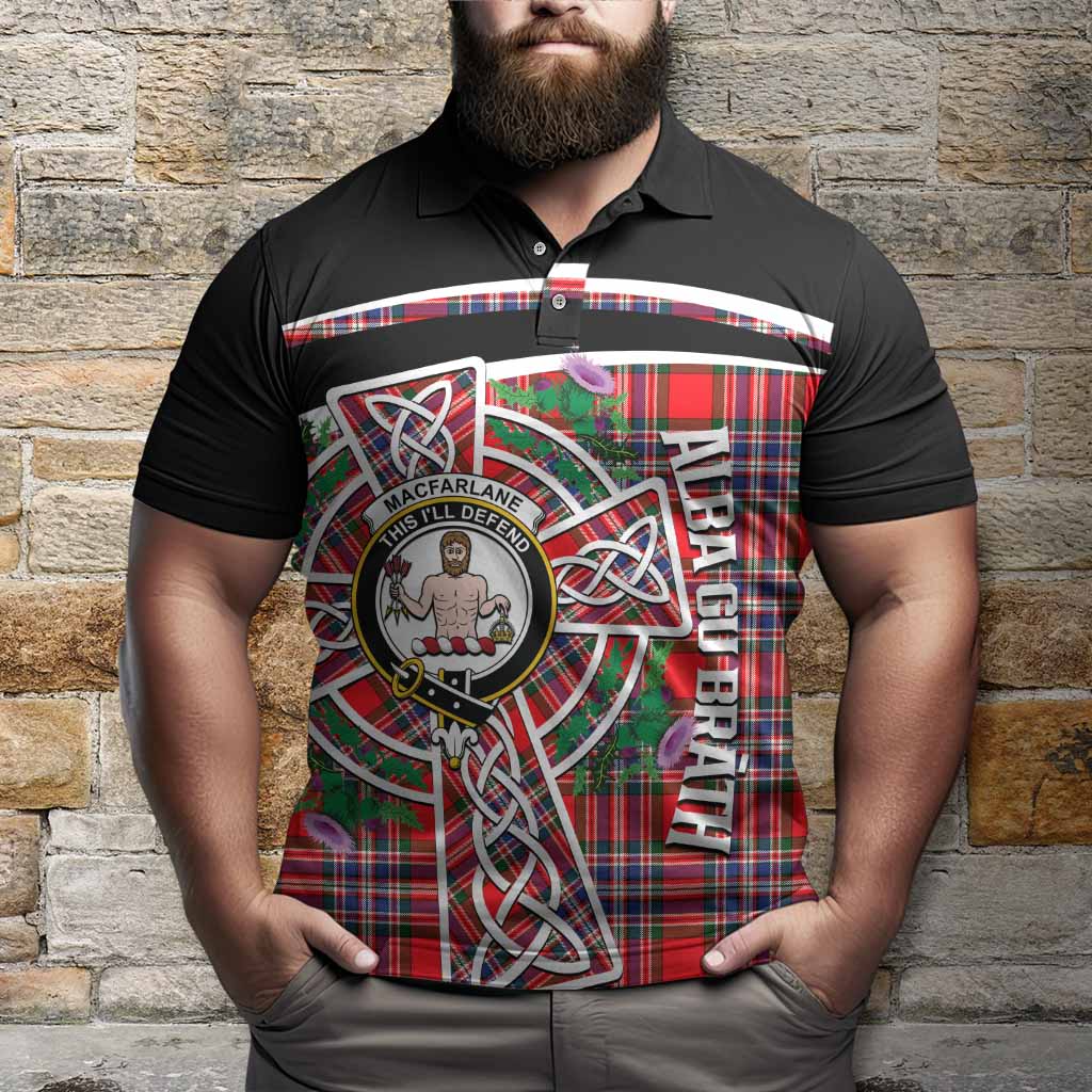 MacFarlane (McFarlane) Tartan Crest Polo Shirt Scottish Thistle Celtic Cross Alba Gu Brath