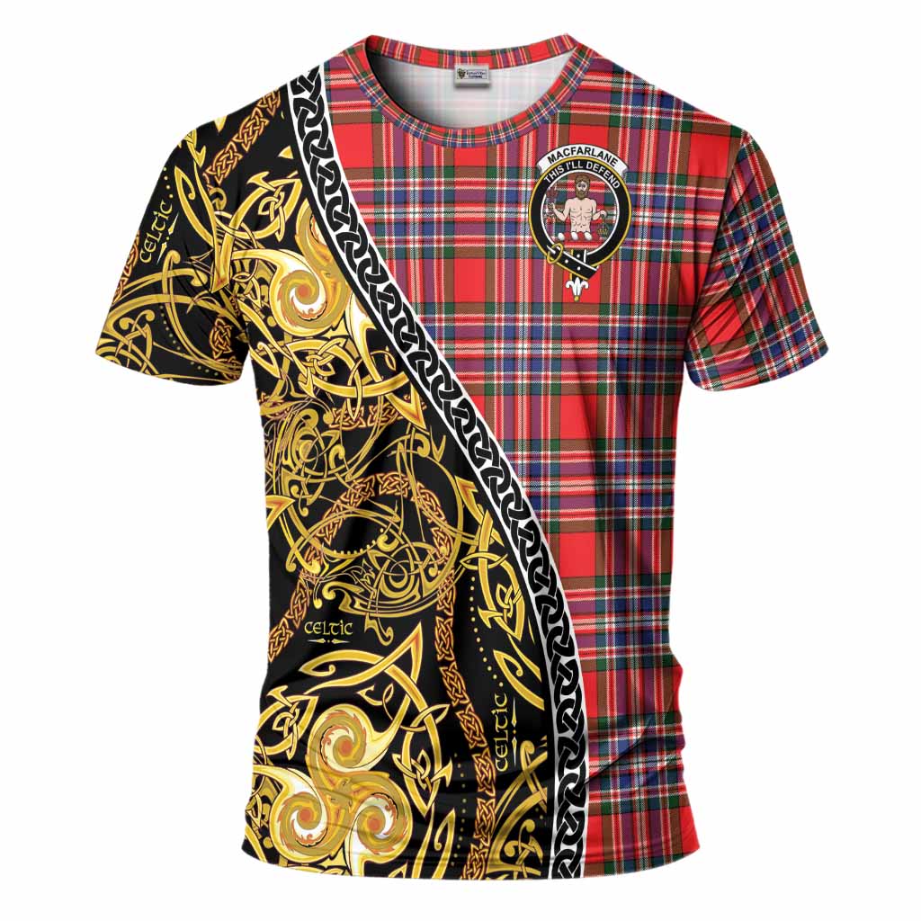 MacFarlane (McFarlane) Tartan Crest T-Shirt Celtic Knot and Triple Trickle Spiral Symbols