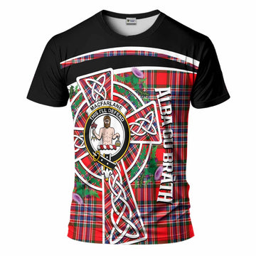 MacFarlane (McFarlane) Tartan Crest T-Shirt Scottish Thistle Celtic Cross Alba Gu Brath