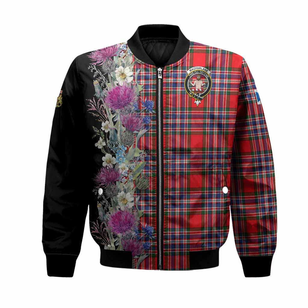 MacFarlane (McFarlane) Tartan Crest Thistle Floral Bomber Jacket Unisex Black - Tartan Vibes Clothing