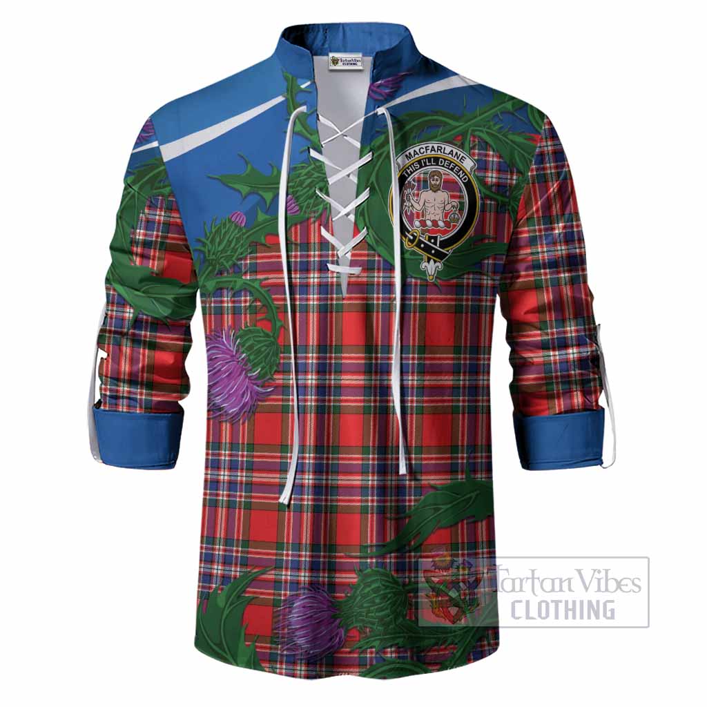 MacFarlane (McFarlane) Tartan Family Crest Ghillie Shirt Thistle in Minimalism