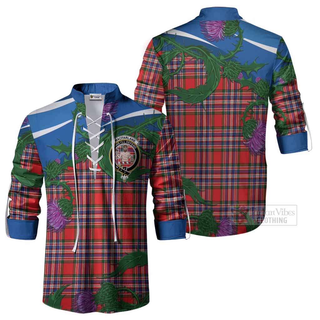 MacFarlane (McFarlane) Tartan Family Crest Ghillie Shirt Thistle in Minimalism