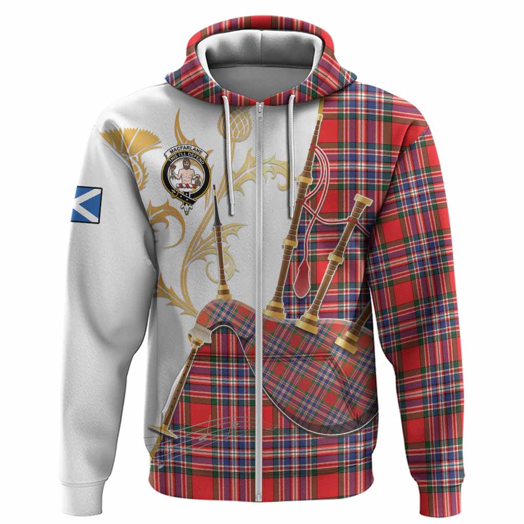 MacFarlane (McFarlane) Tartan Family Crest Hoodie Bagpipes with Scottish Thistle
