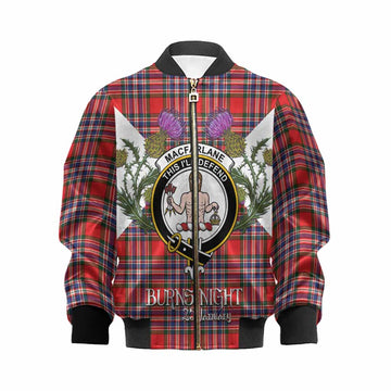 MacFarlane (McFarlane) Tartan Family Crest Kid Bomber Jacket Scottish Burns Night Thistle Floral