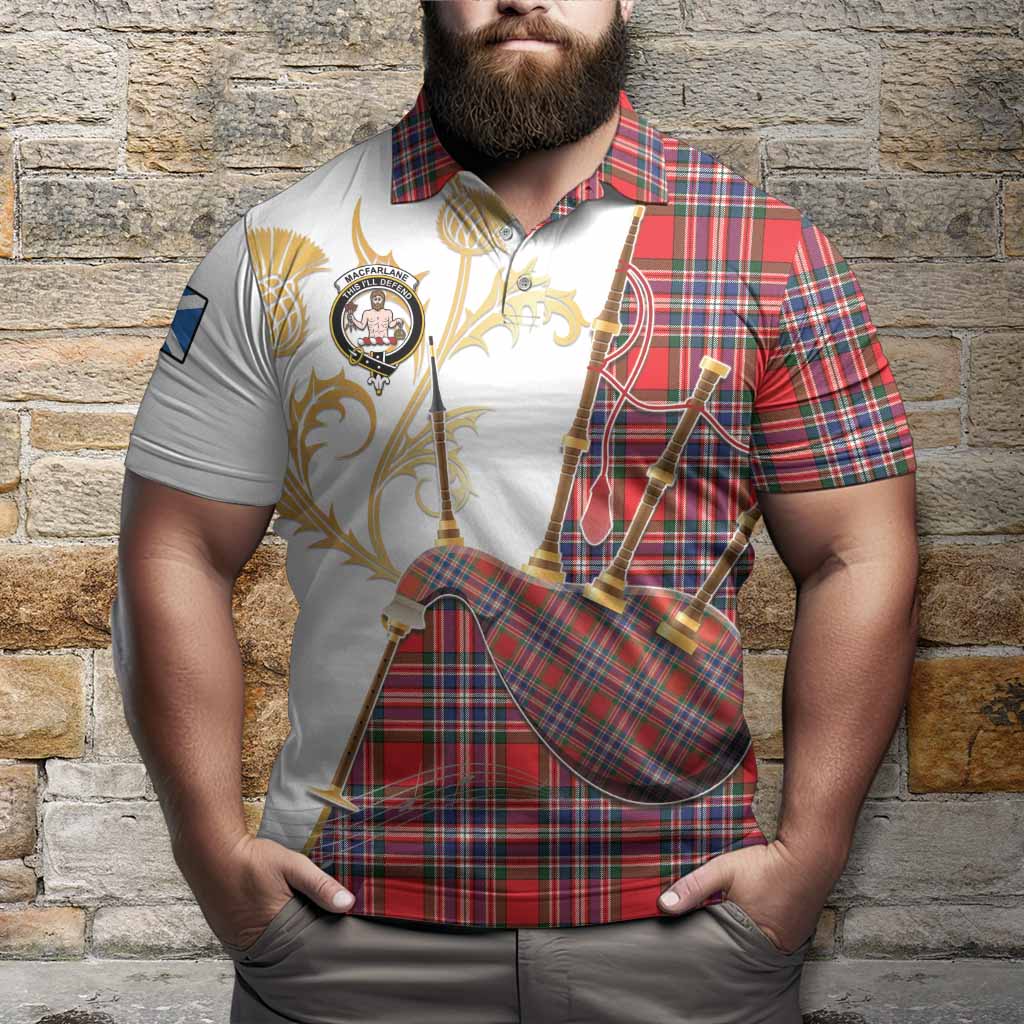 MacFarlane (McFarlane) Tartan Family Crest Polo Shirt Bagpipes with Scottish Thistle