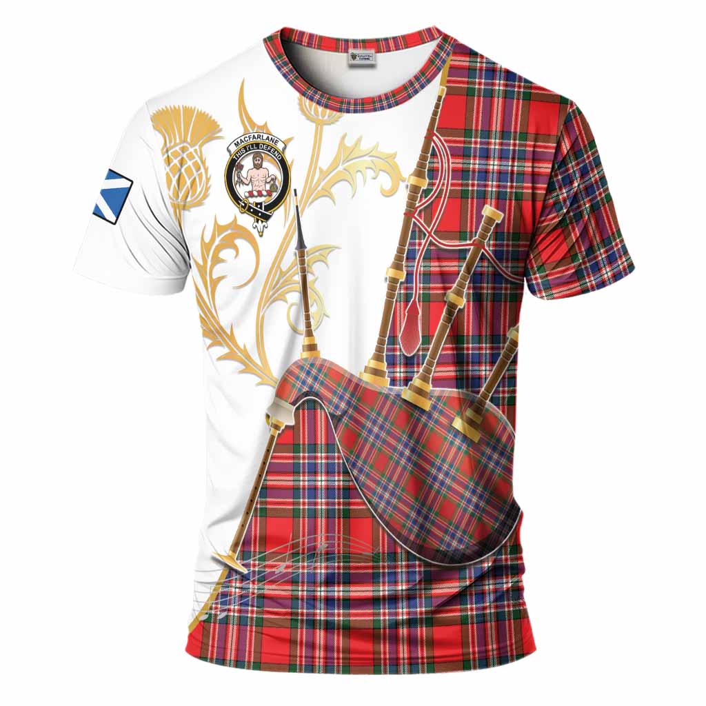 MacFarlane (McFarlane) Tartan Family Crest T-Shirt Bagpipes with Scottish Thistle