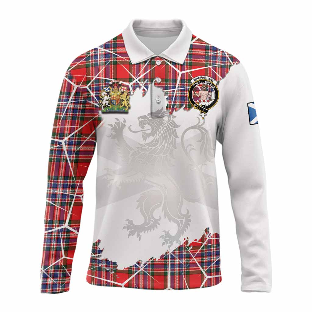 MacFarlane (McFarlane) Tartan Long Sleeve Polo Shirt with Family Crest and Lion Rampant Grunge Style
