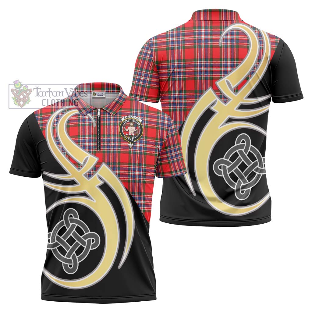 Tartan Vibes Clothing MacFarlane Modern Tartan Zipper Polo Shirt with Family Crest and Celtic Symbol Style