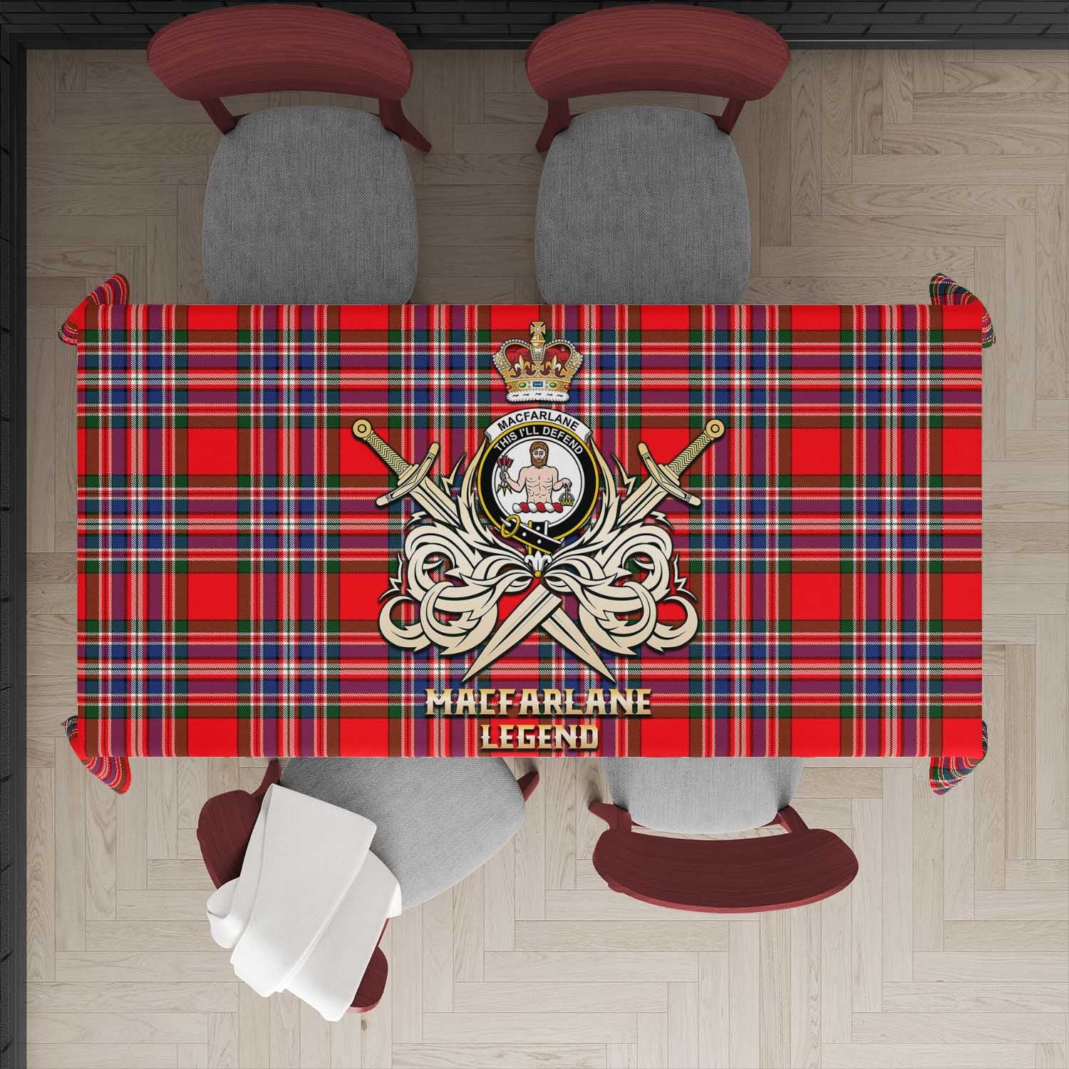 Tartan Vibes Clothing MacFarlane Modern Tartan Tablecloth with Clan Crest and the Golden Sword of Courageous Legacy