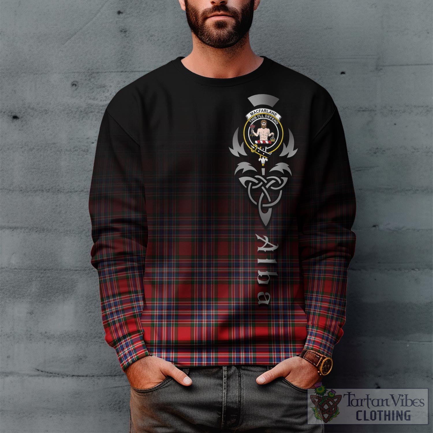 Tartan Vibes Clothing MacFarlane Modern Tartan Sweatshirt Featuring Alba Gu Brath Family Crest Celtic Inspired