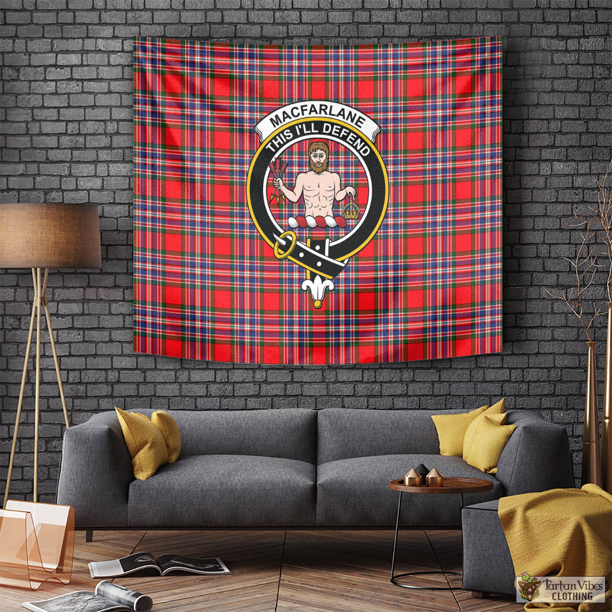 Tartan Vibes Clothing MacFarlane Modern Tartan Tapestry Wall Hanging and Home Decor for Room with Family Crest