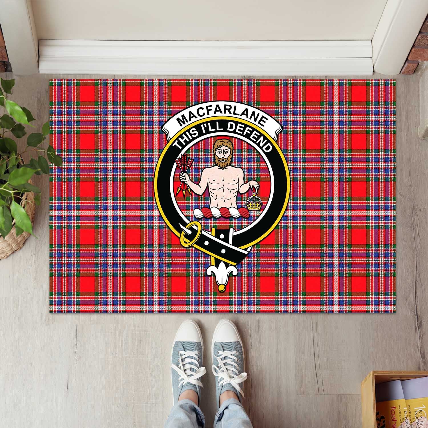 MacFarlane Modern Tartan Door Mat with Family Crest - Tartanvibesclothing