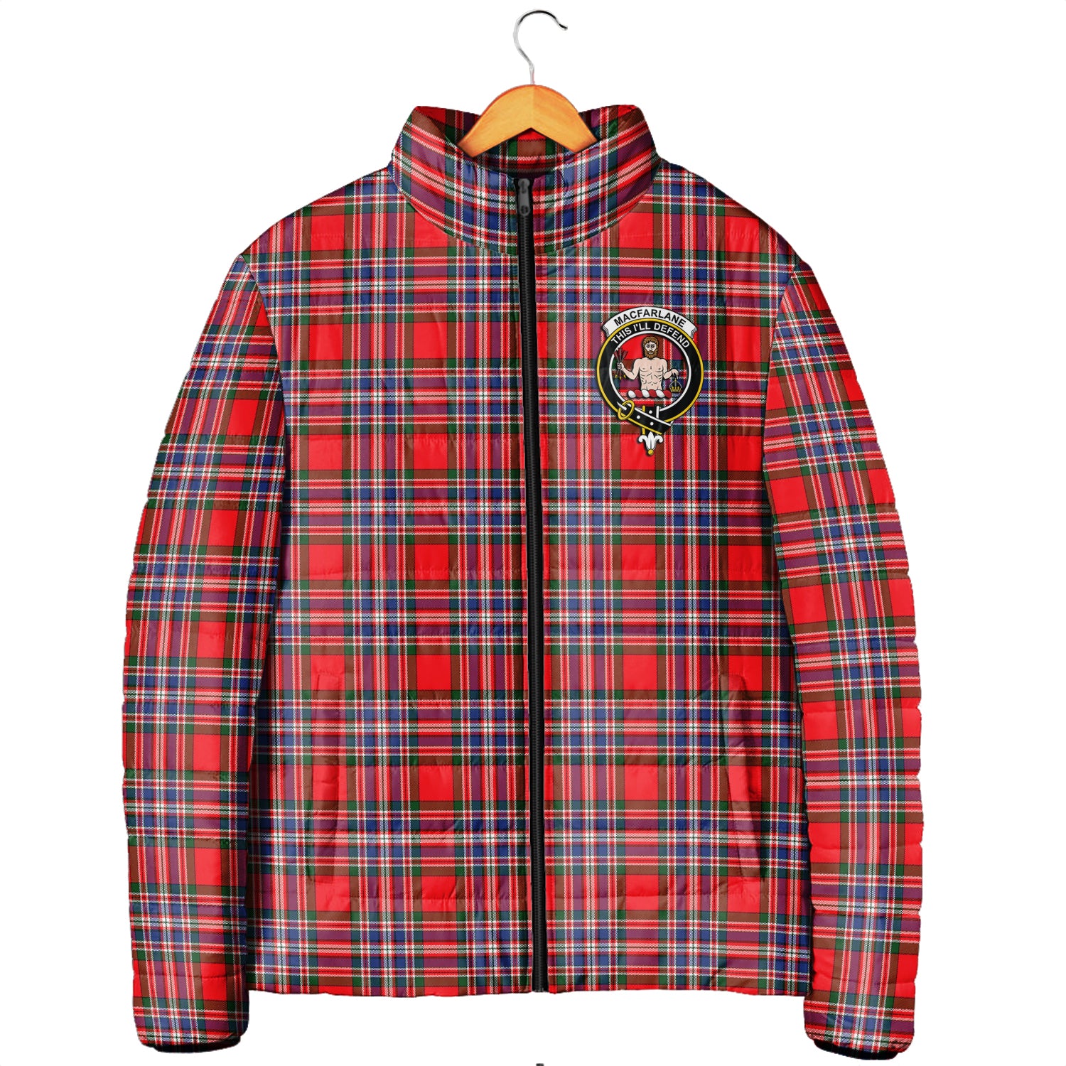 MacFarlane (McFarlane) Tartan Padded Jacket with Family Crest Men's Padded Jacket - Tartan Vibes Clothing