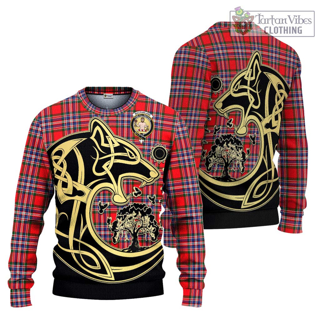 MacFarlane (McFarlane) Tartan Knitted Sweater with Family Crest Celtic Wolf Style Unisex - Tartan Vibes Clothing