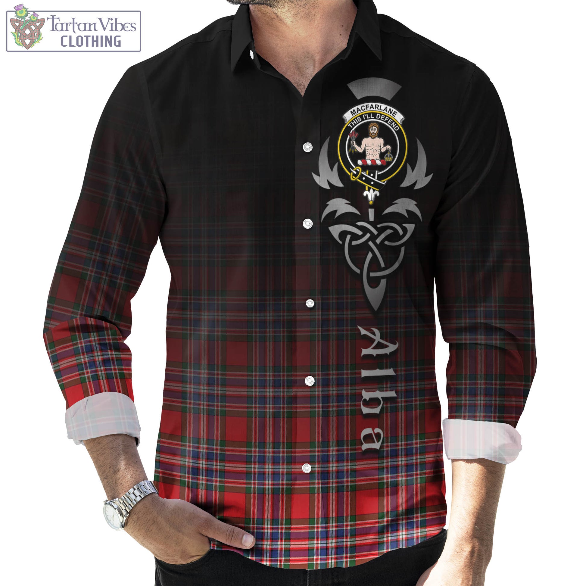 Tartan Vibes Clothing MacFarlane Modern Tartan Long Sleeve Button Up Featuring Alba Gu Brath Family Crest Celtic Inspired