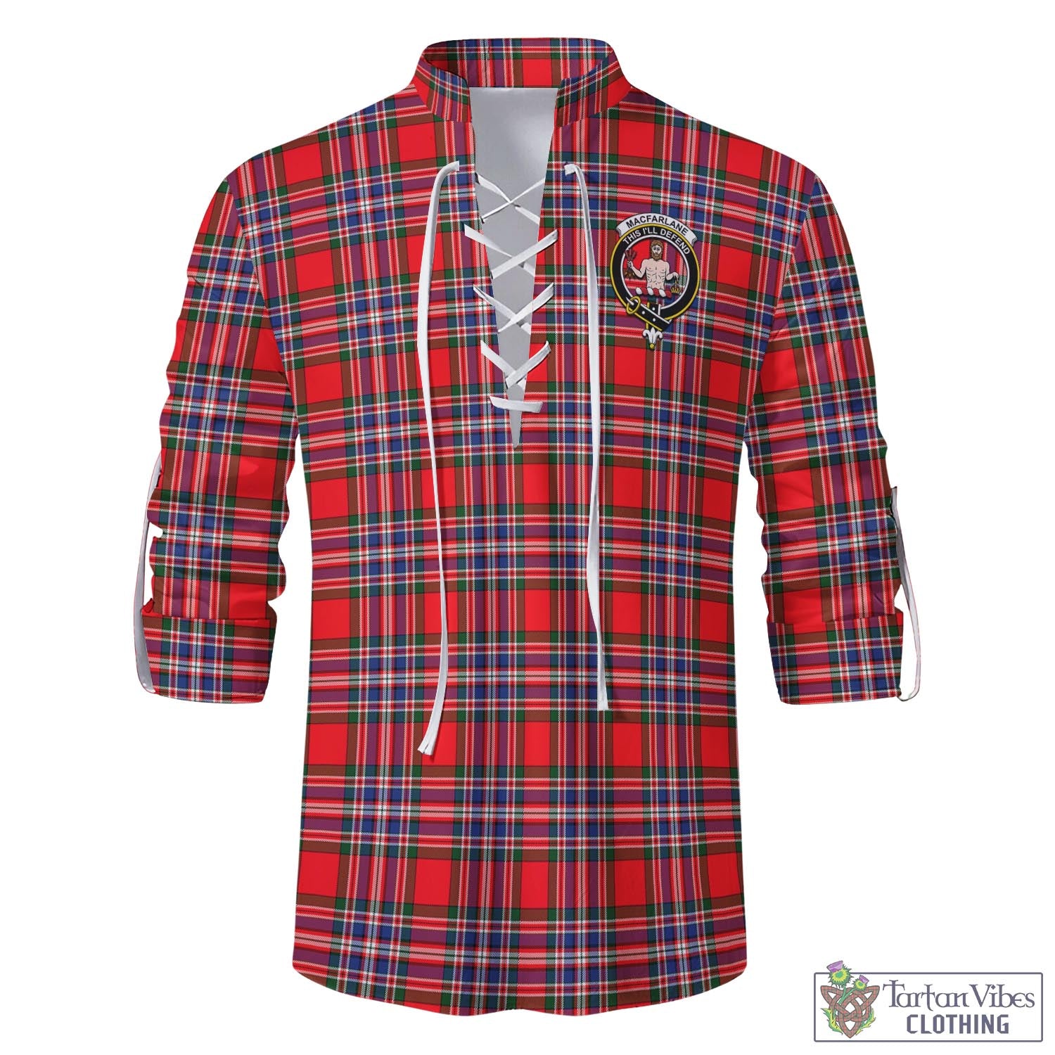 Tartan Vibes Clothing MacFarlane Modern Tartan Men's Scottish Traditional Jacobite Ghillie Kilt Shirt with Family Crest