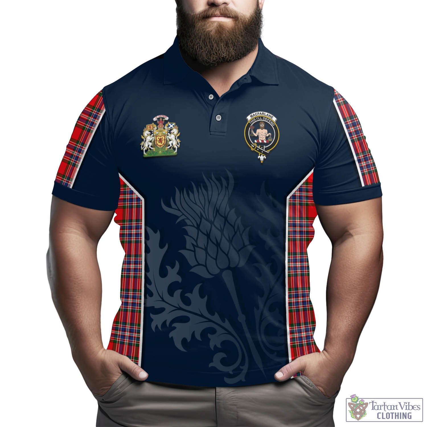 Tartan Vibes Clothing MacFarlane Modern Tartan Men's Polo Shirt with Family Crest and Scottish Thistle Vibes Sport Style
