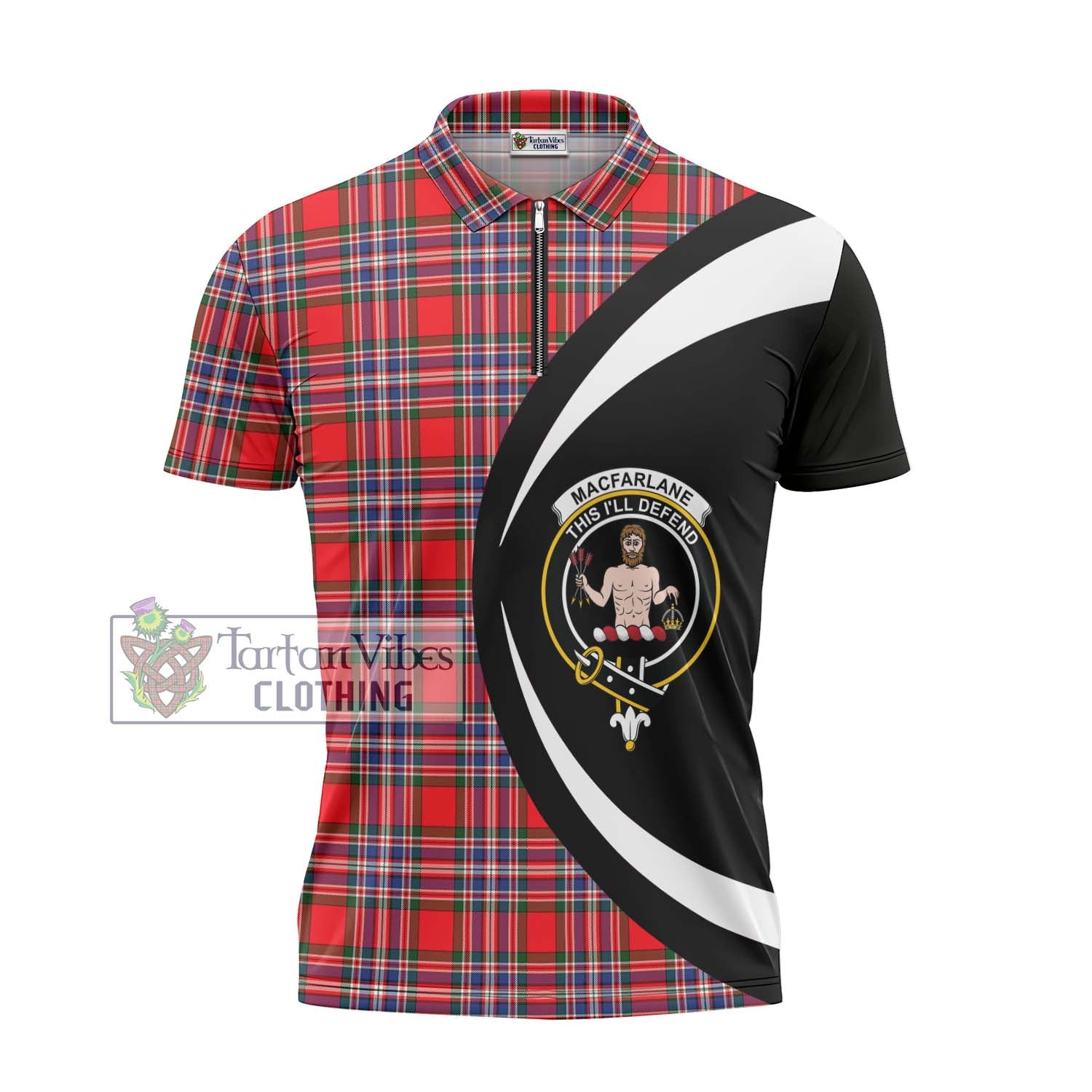 Tartan Vibes Clothing MacFarlane Modern Tartan Zipper Polo Shirt with Family Crest Circle Style