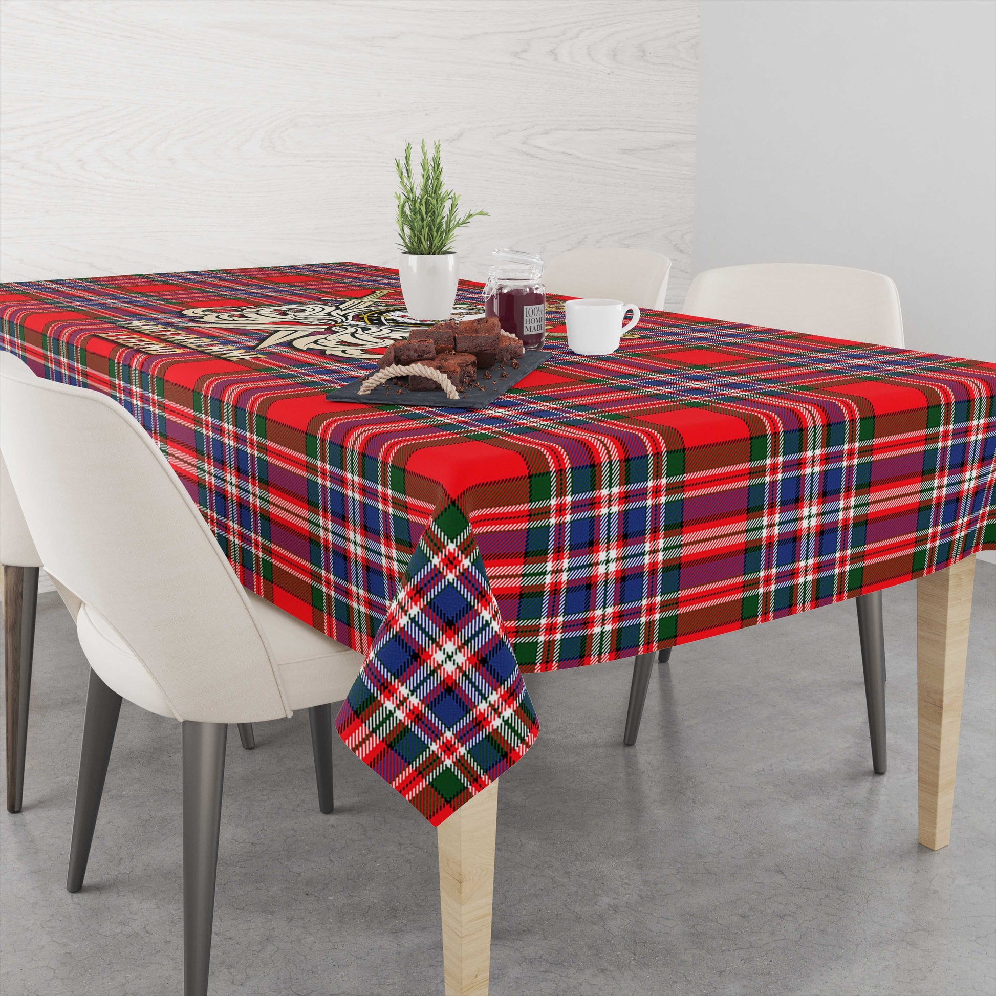 Tartan Vibes Clothing MacFarlane Modern Tartan Tablecloth with Clan Crest and the Golden Sword of Courageous Legacy