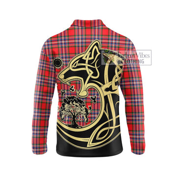 MacFarlane (McFarlane) Tartan Long Sleeve Polo Shirt with Family Crest Celtic Wolf Style - Tartanvibesclothing Shop
