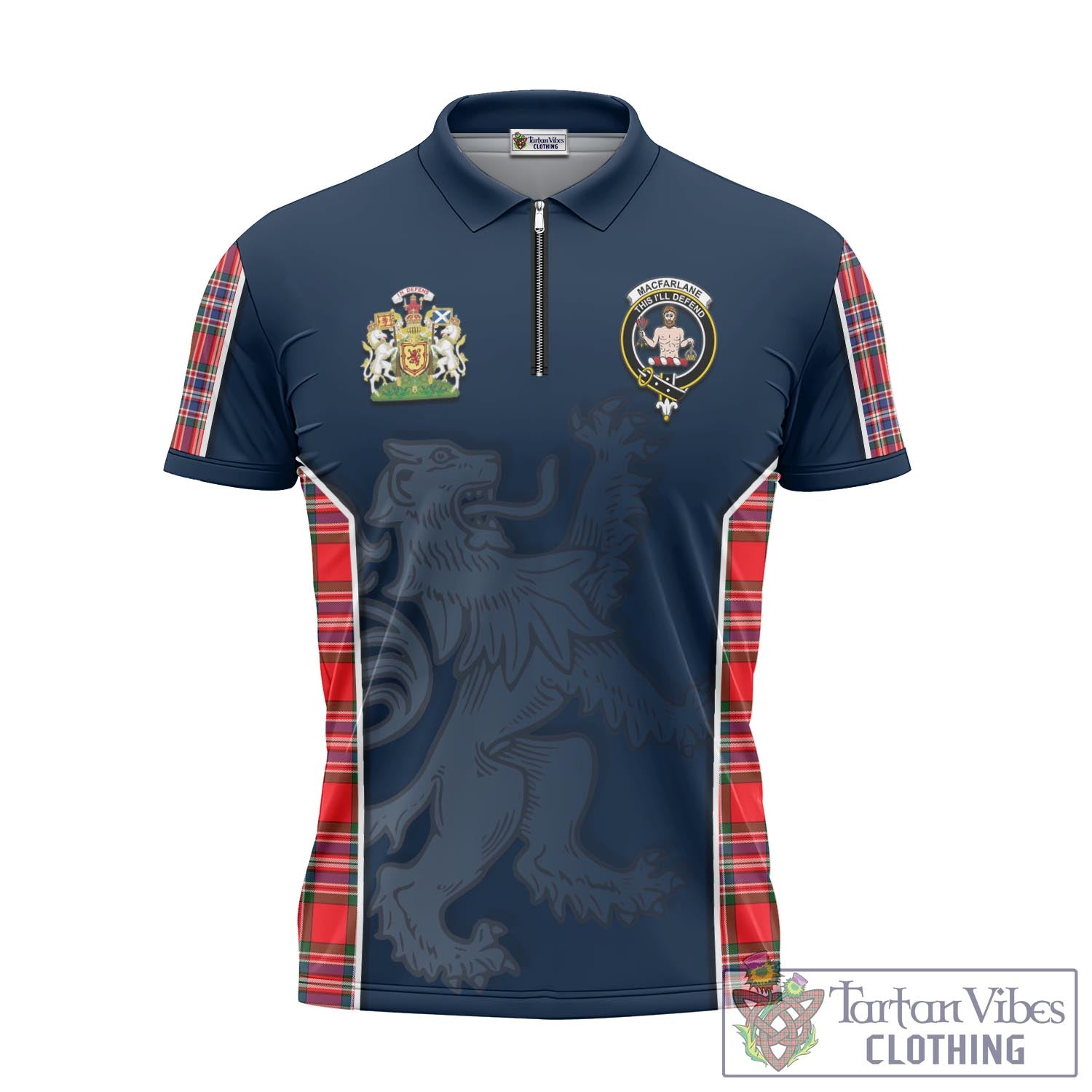 Tartan Vibes Clothing MacFarlane Modern Tartan Zipper Polo Shirt with Family Crest and Lion Rampant Vibes Sport Style
