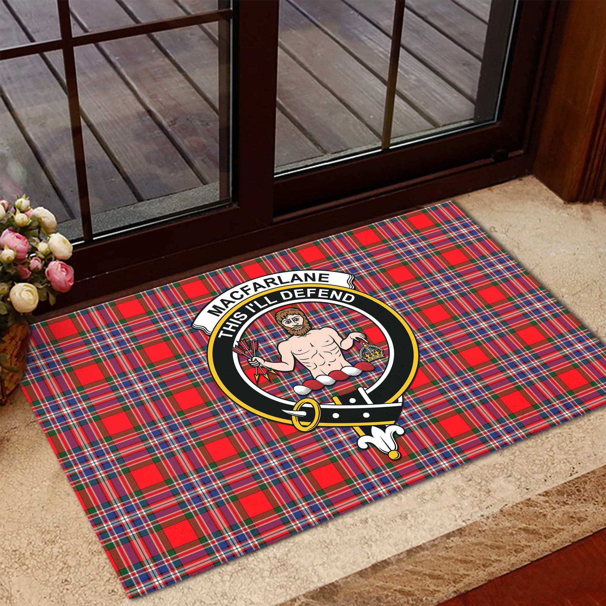 MacFarlane Modern Tartan Door Mat with Family Crest - Tartanvibesclothing