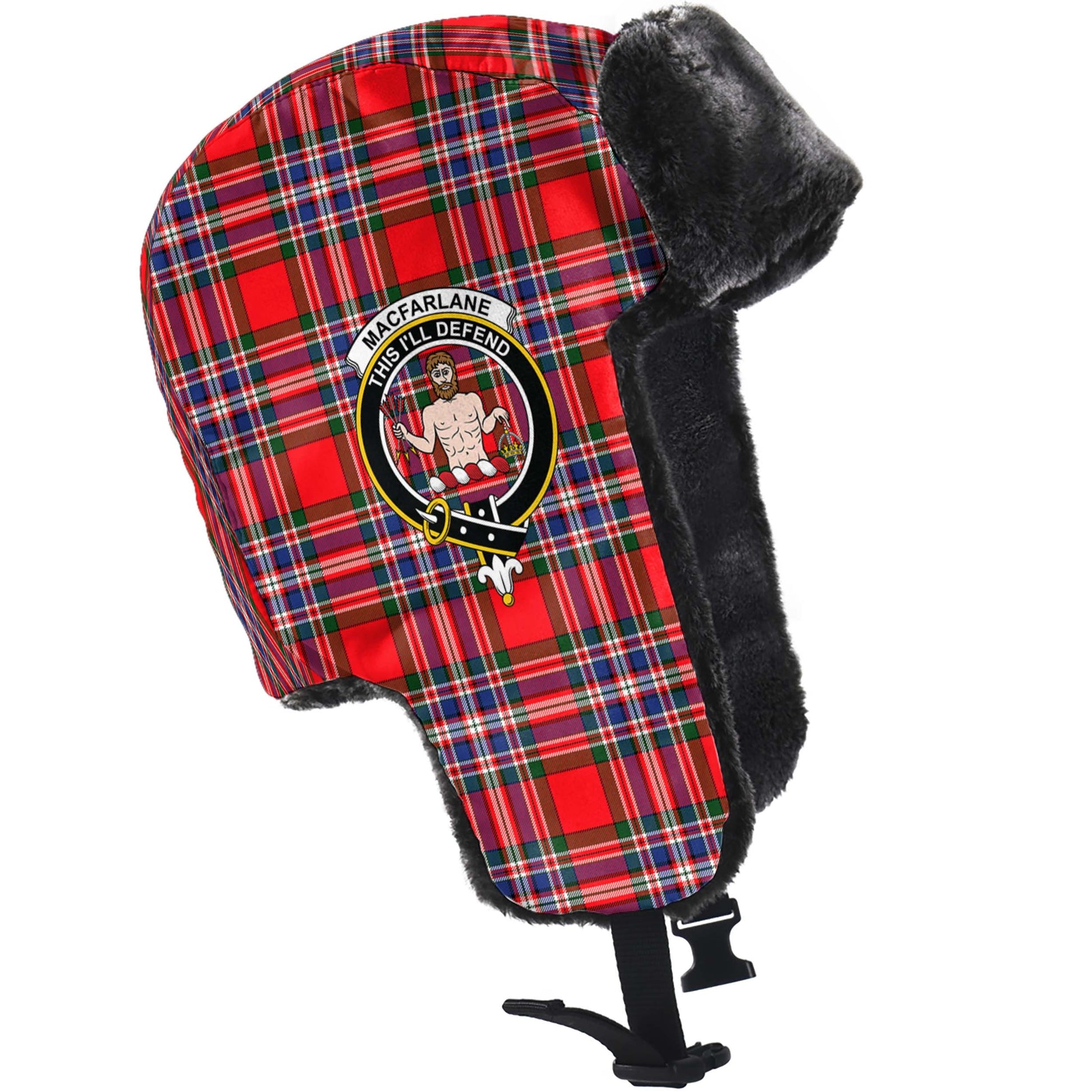 MacFarlane Modern Tartan Winter Trapper Hat with Family Crest - Tartanvibesclothing