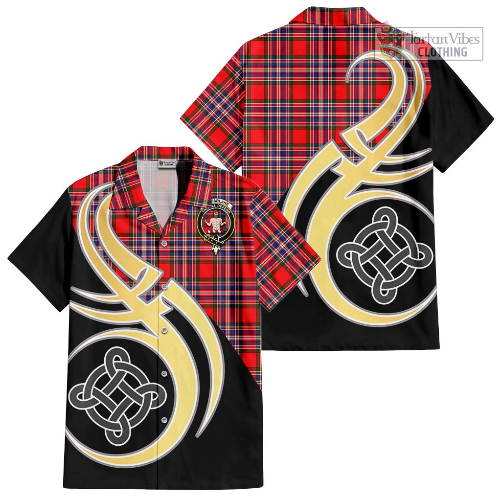 MacFarlane (McFarlane) Tartan Short Sleeve Button Shirt with Family Crest and Celtic Symbol Style - Tartan Vibes Clothing